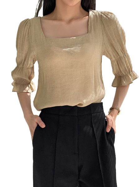 

dazy square neck flounce sleeve blouse k537#, White