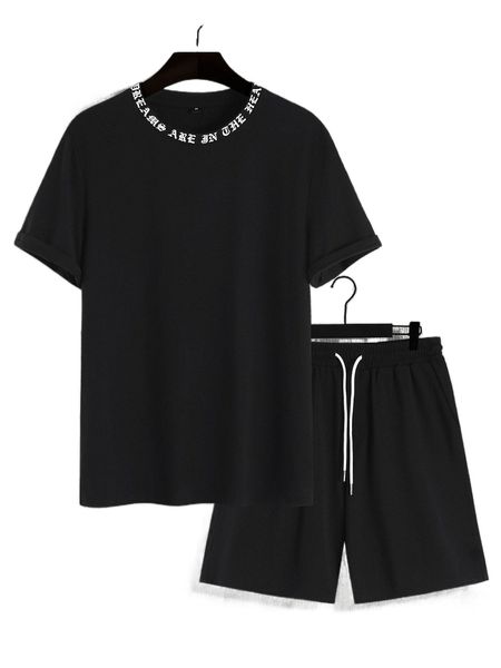 

men slogan graphic tee & drawstring waist shorts y0ol#, Gray