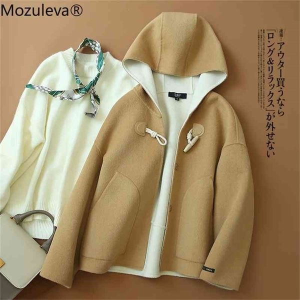

hand sewn double faced women's fall / winter short ox horn button woolen coat for women 210416, Tan;black