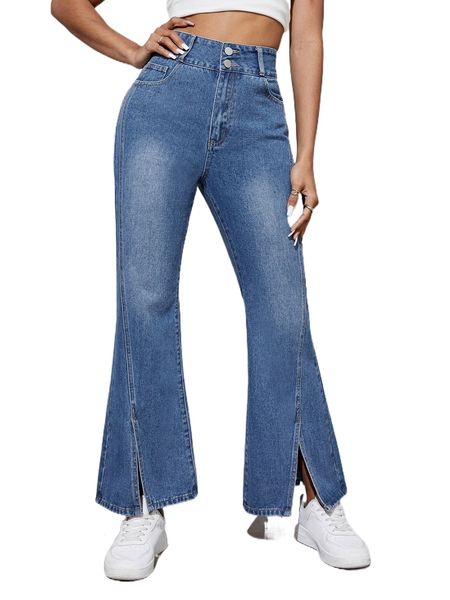

high waist slit hem flare leg jeans o6nh#, Blue