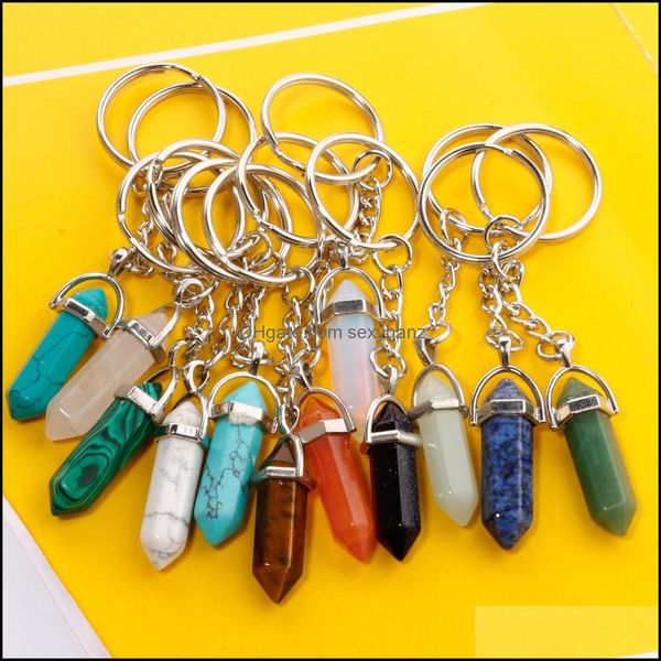 

key rings jewelry natural stone hexagonal prism keychain amethyst rose quartz tigers eye opal crystal ring chain keyring drop dhgl9, Slivery;golden