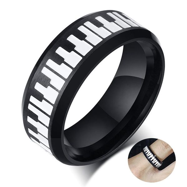 Cluster-Ringe, Klaviertasten-Ring, Edelstahl, zweifarbig, musikalisches Thema, 8 mm, Hochzeitsband, Jahrestag, Männer und Frauen, Tastatur