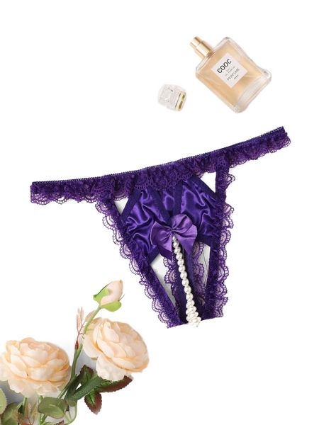 

bow contrast lace crotchless thong b8yi#, Black;red