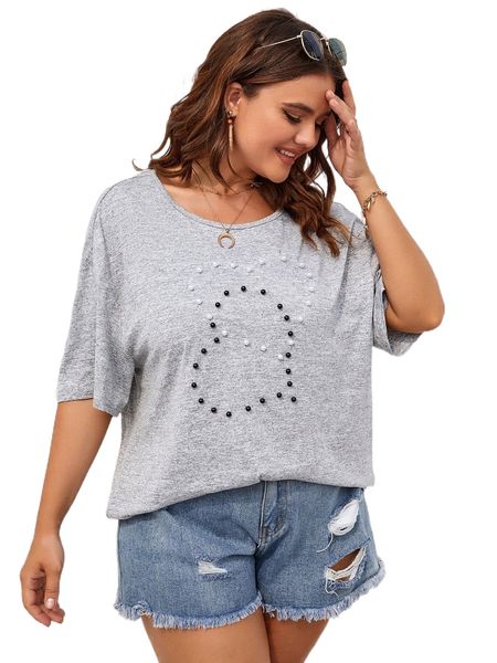 

plus heart pattern pearls beaded batwing sleeve tee p9xo#, Black