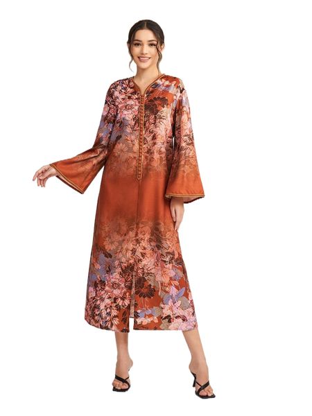 

x atelier h floral print tape panel split hem dress n7vj#, Black;gray