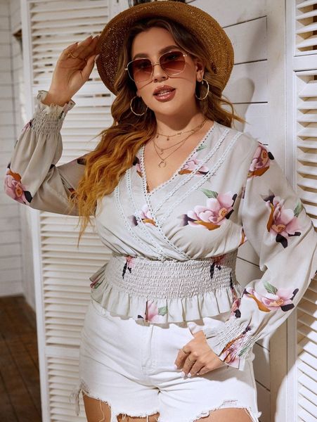 

plus floral print shirred blouse 68ap#, Black