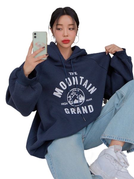 

dazy mountain & letter graphic raglan sleeve thermal drawstring hoodie k3mb#, Black