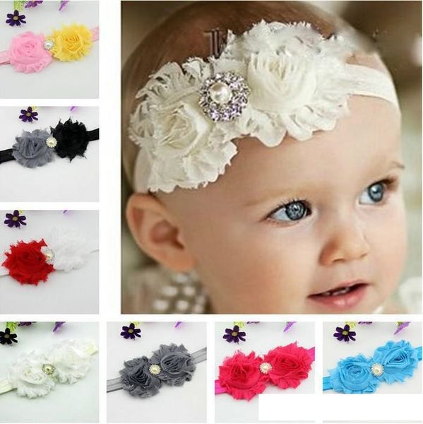 Commercio all'ingrosso - Fasce per la testa del bambino squallido Fiore in raso e chiffon con strass perle Accessori per capelli per bambina con fascia per capelli