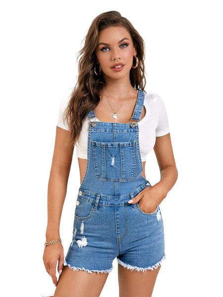 

patched pocket ripped raw hem overall denim romper without s2o9#, Black;white