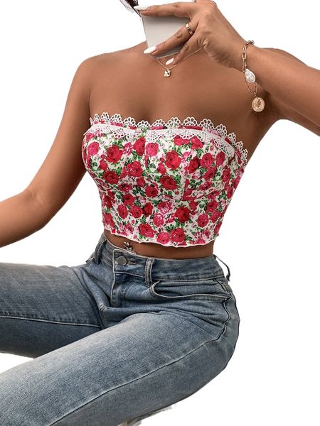 

allover floral print lace trim tube n8wp#, White