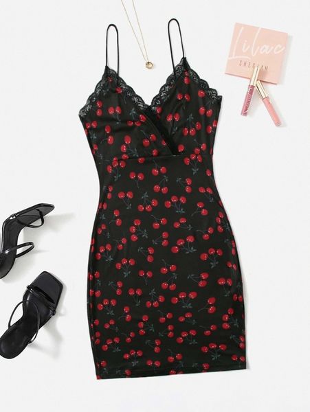 

lace trim cherry print dress e9o5#, Black;gray