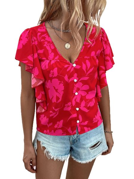 

floral print flutter sleeve blouse 82xc#, White