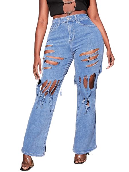 

sxy high waist cut out ripped frayed jeans d7ua#, Blue