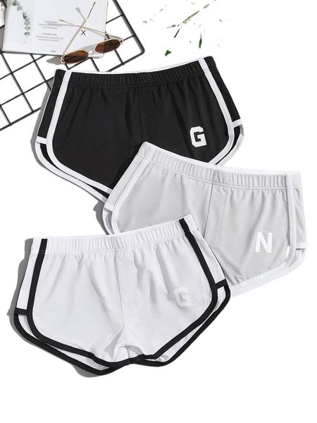 

men 3pcs letter graphic contrast binding sleep shorts d9kc#, Black;brown