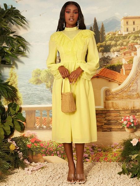 

newness mock neck lantern sleeve eyelash lace trim dress d1dn#, Black;gray