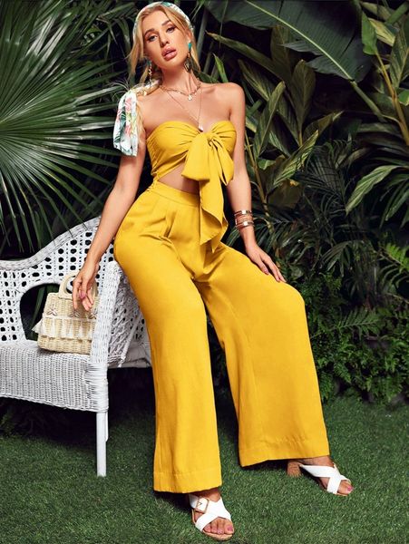 

tie front tube and wide leg pants set s8ni#, White