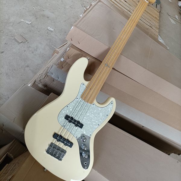 

4 strings light yellow fretless electric bass guitar white pearled pickguard
