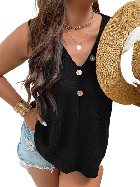 

plus fake button waffle knit tank 10w2#, Black