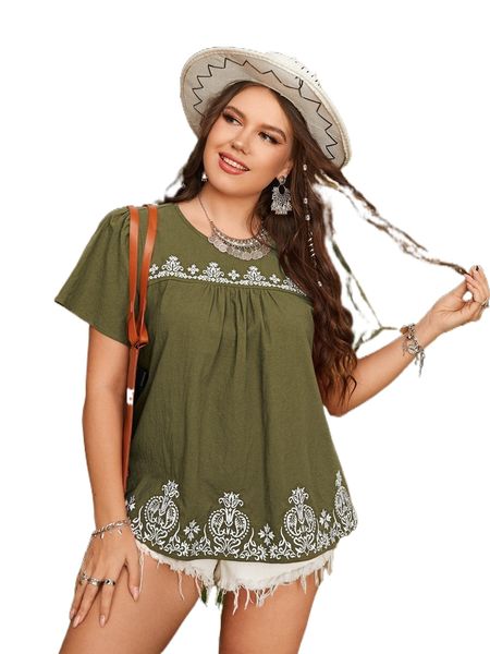 

plus floral embroidery puff sleeve blouse y8el#, Black