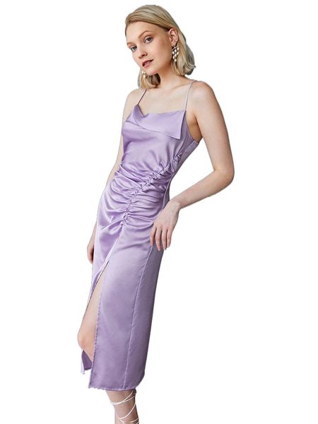 

draped ruched split thigh crisscross back cami dress 52zm#, Black;gray