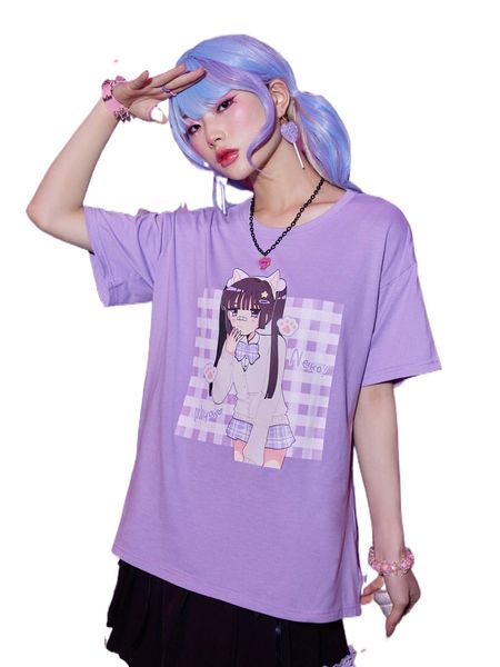 

romwe x cherry anime cartoon figure graphic drop shoulder tee d6dg#, White
