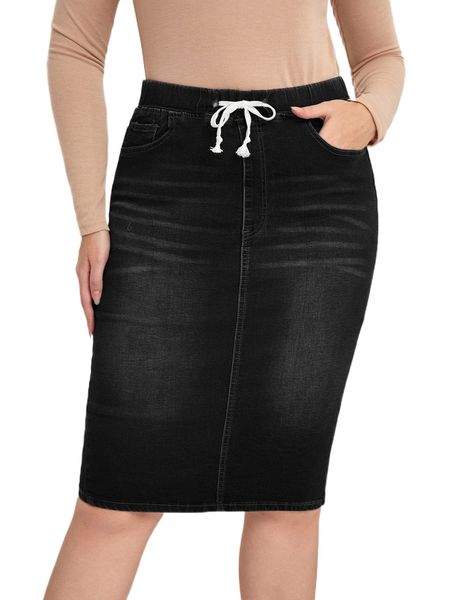 

plus moustache effect drawstring waist slit back denim skirt 20bw#, Black