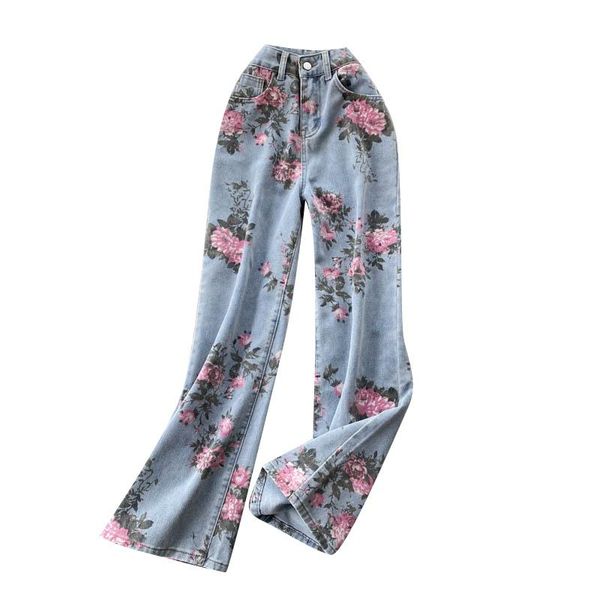 

women floral print wide leg jeans autumn high waist straight denim pants female streetwear casual ladies trousers, Blue