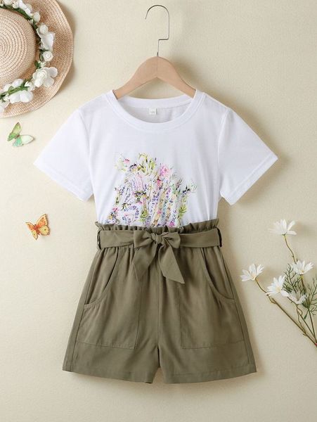 

girls floral print tee & paperbag waist belted shorts she, White