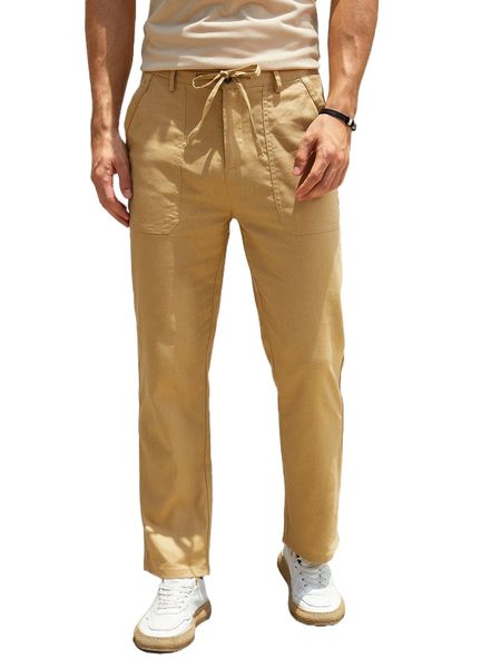 

men drawstring waist solid straight leg pants r02e#, Black