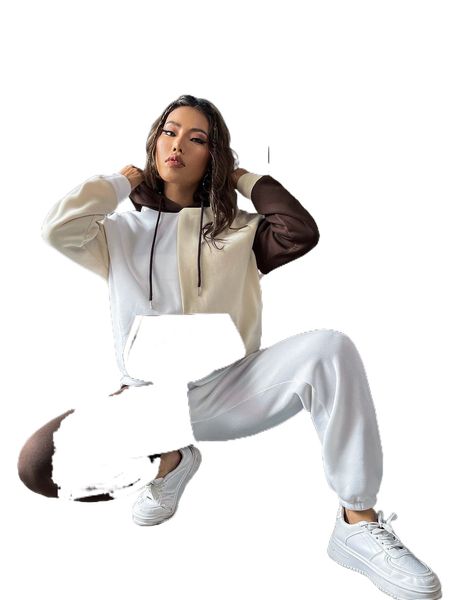 

colorblock drop shoulder drawstring hoodie & sweatpants d27j#, White