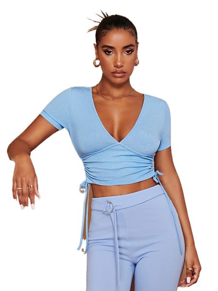 

solid drawstring side crop tee g4wj#, White