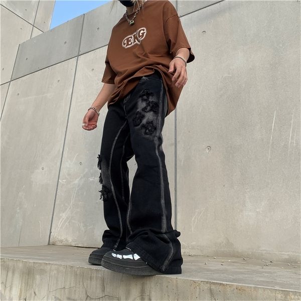 

retro distressed cross embroidery washed jeans flare pants male and female wide leg casual hip hop loose denim trousers 220720, Blue