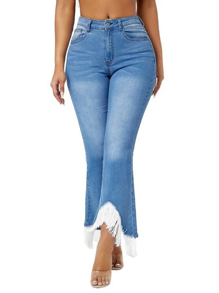 

sxy fringe trim asymmetrical hem flare leg jeans k2fk#, Blue