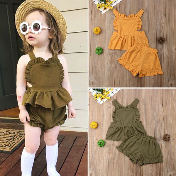 Roupos de designer de garotas Kids Boutique de verão Conjuntos de roupas de algodão bebê Tops de mangas de mosca PP Roupfits Sling Blouse Hot Pants Harem Facas