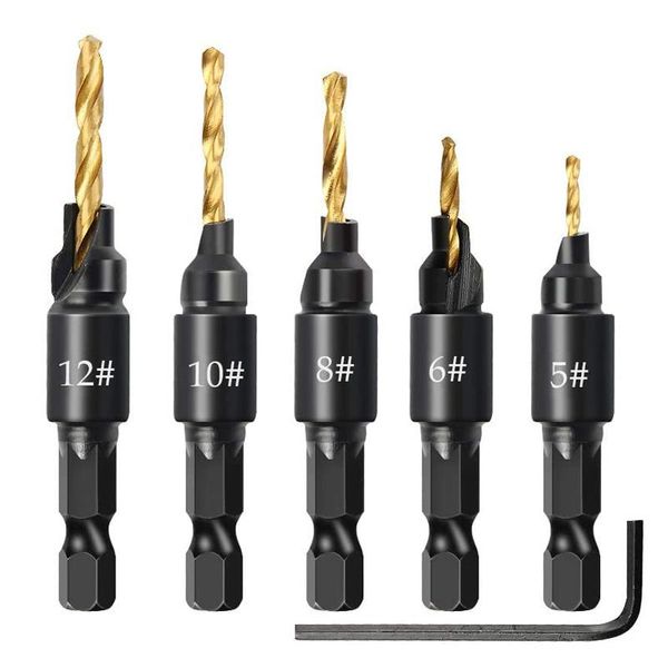 Set di utensili manuali professionali 5/6 pezzi Trapano svasatore Set di punte per la lavorazione del legno Fori pilota per perforazione per viti di dimensioni #5 #6 #8 #10 #12 DrillingProfe