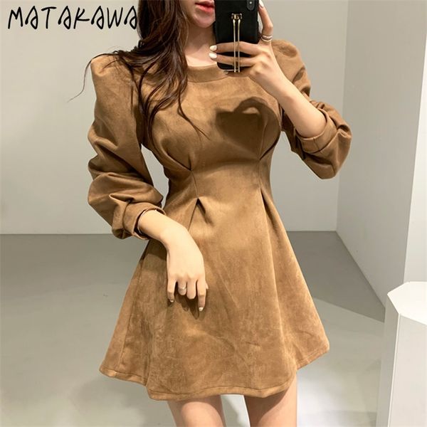 

matakawa slim waist bubble long sleeved bottoming dresses korea chic autumn retro round neck deerskin velvet women dress female 210319, Black;gray