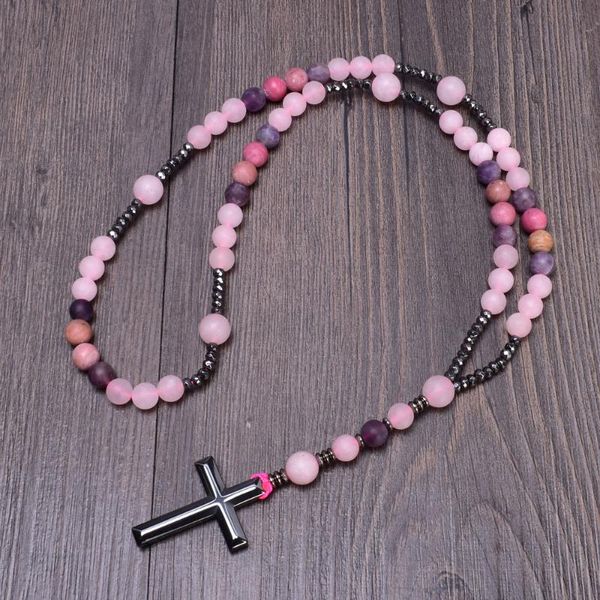 Colares pendentes de rodolito fosco de rosa quartzo ametista contas Católicas Cristo Rosário para Mulheres Hematita Jóias Cruzadas Preséu de Presente
