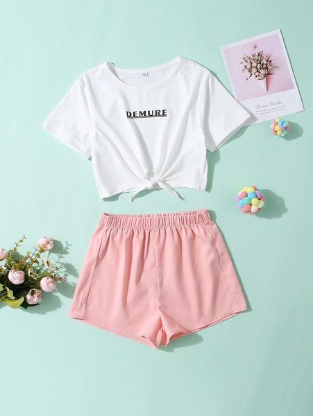 

girls letter graphic knot front tee & shorts she, White