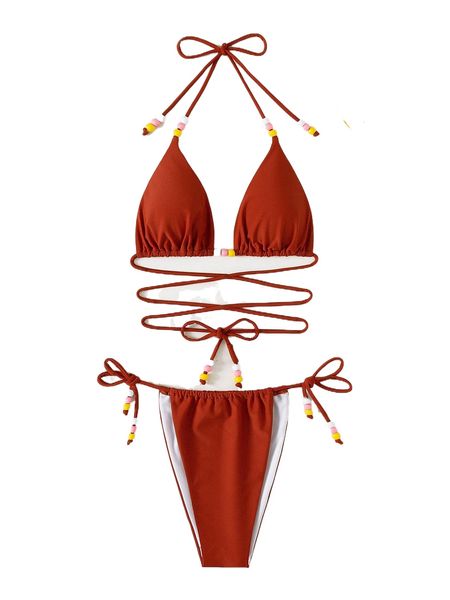 

bead decor lace up micro triangle bikini swimsuit g5kk#, White;black