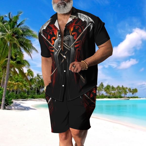 

3d digital death printing holiday leisure beach cardigan men s summer loose shirt five pants two piece set 220526, Gray