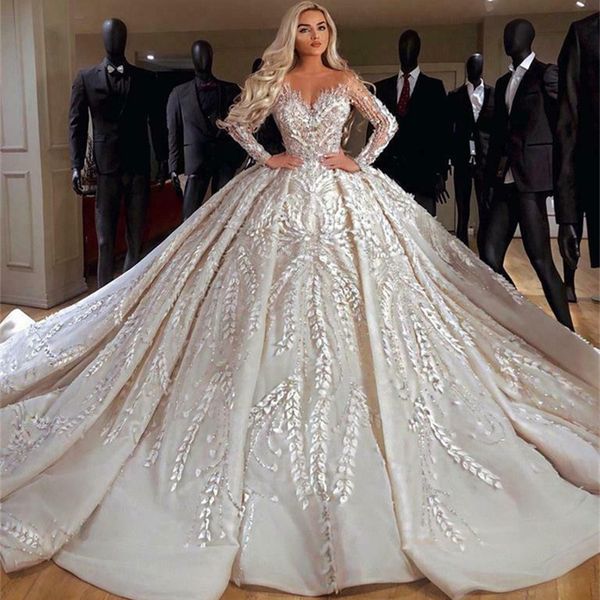 

princess ball gown wedding dresses long sleeveless v neck sequins appliques pearls lace ruffles floor length bridal gown vintage plus size r, White