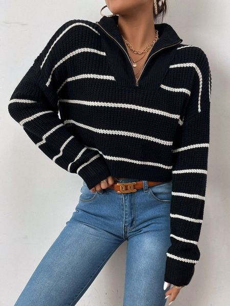 

zipper half placket striped sweater e3jt#, White;black