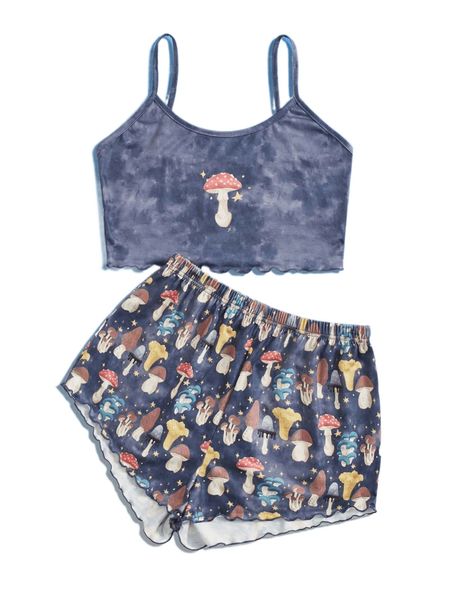 

romwe x cashmere sun tie dye mushroom print lettuce trim pj set 08kl#, Black;red