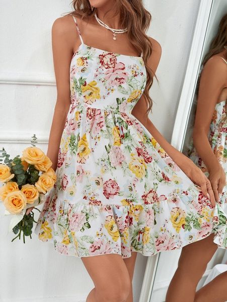 

floral print shirred back ruffle hem cami dress f0qo#, Black;gray