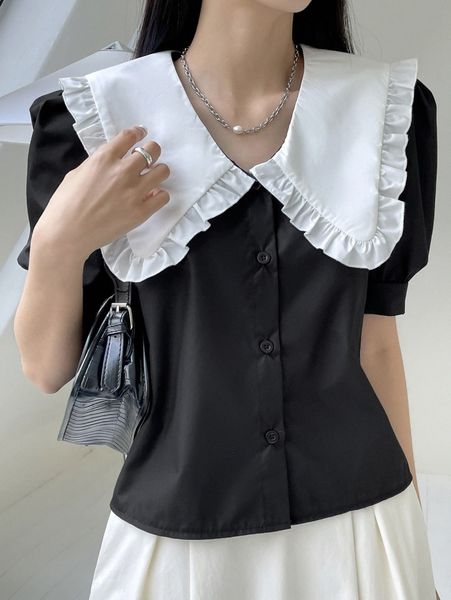 

dazy frill trim statement collar puff sleeve blouse r5ym#, White