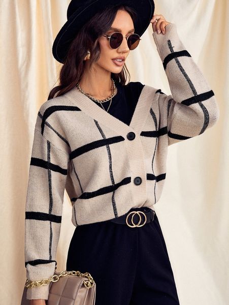 

drop shoulder plaid cardigan 78oc#, White;black