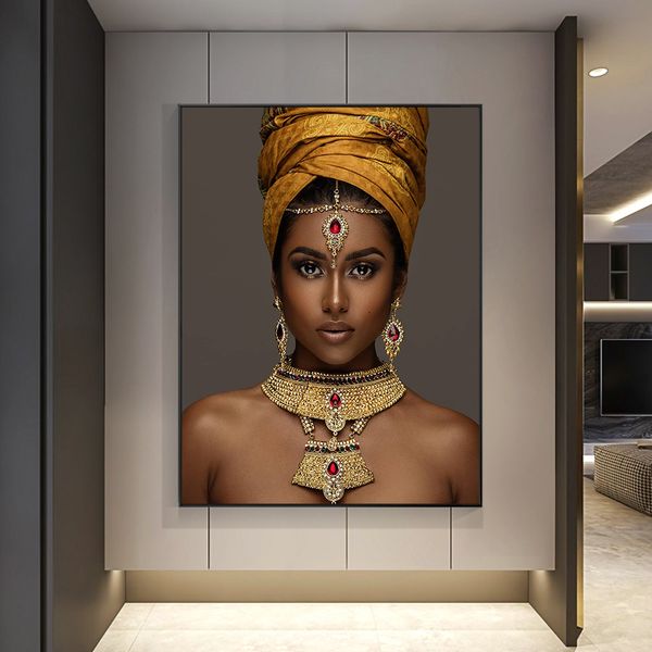 Afrikanische Kunst Schwarz und Gold Frau Wandkunst Malerei auf Leinwand Cuadros Skandinavische Dame Portrait Poster und Drucke Bild