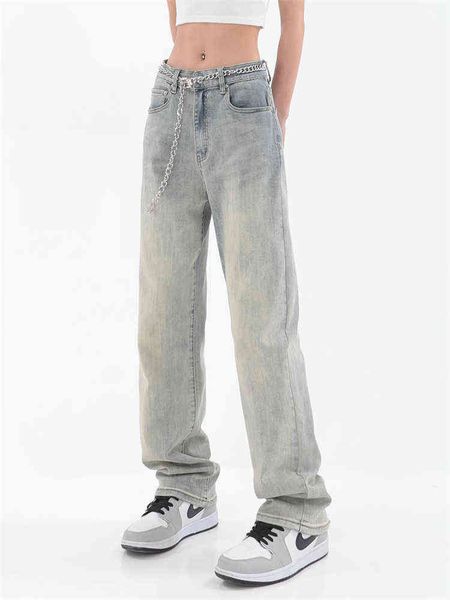 

american street yellow mud dyed jeans women's summer new washed and worn casual straight mopping pants denim trousers female t220728, Blue