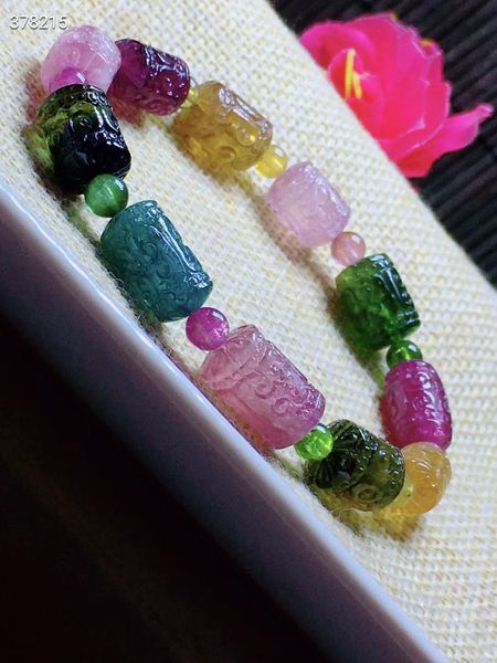 

natural colorful rainbow tourmaline bracelet 15.8/11mm clear barrel carved beads candy tourmaline women men jewelry aaaaaaa, Silver