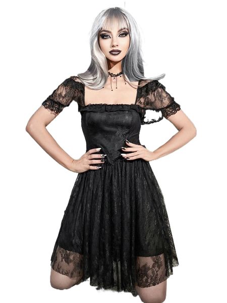 

lace insert butterfly sleeve square neck tie back mesh dress k6yw#, Black;gray